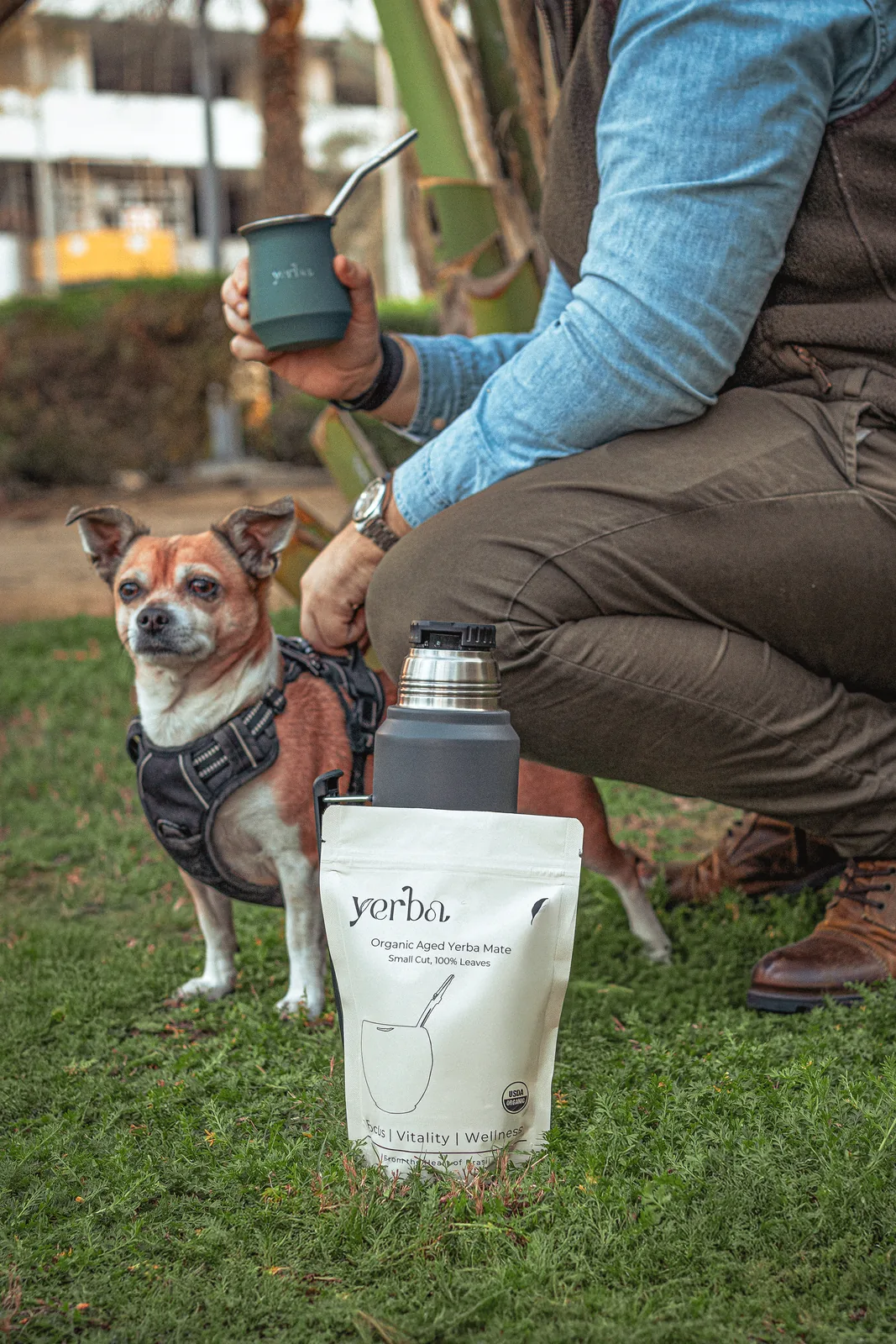 A man crouching on grass with his dog, holding a Yerba gourd next to a thermos and pouch