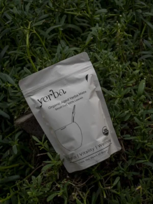 Yerba organic maté 250g pouch lying on grass