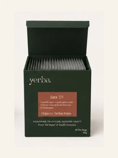 Yerba tea box open, showing 20 individually wrapped yerba maté tea bags