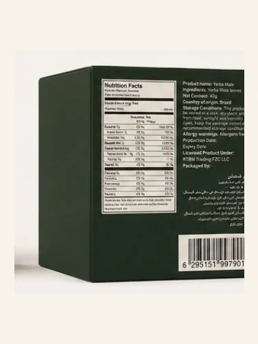 Yerba tea box rear panel showing nutrition facts, ingredients and barcode